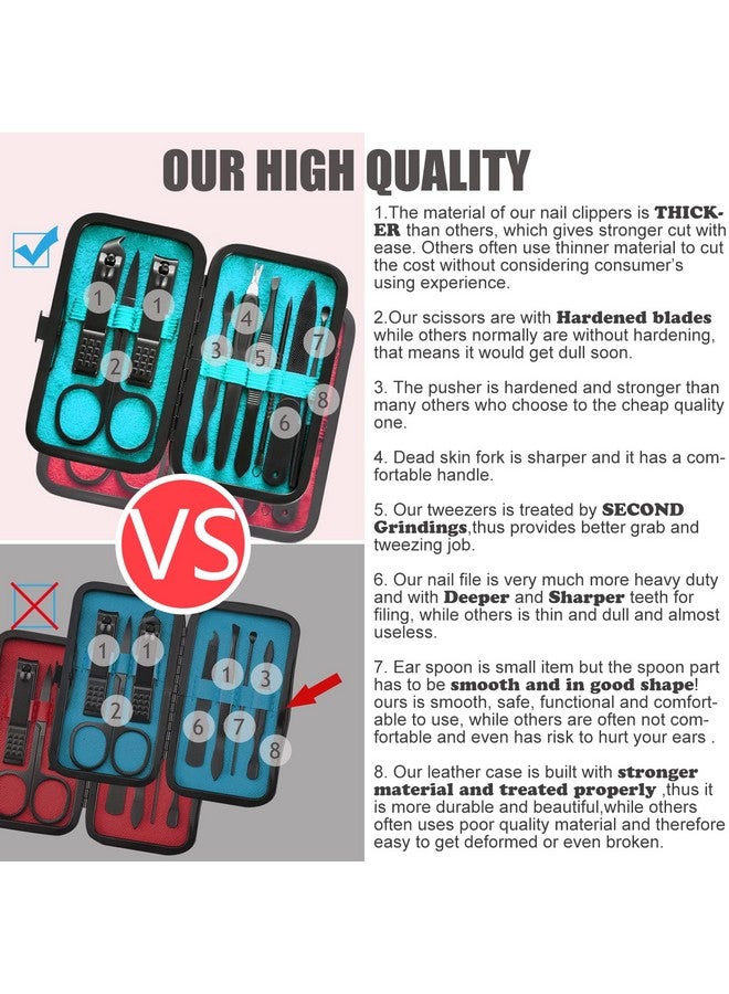 HANTEKAS Manicure Set 9 in 1 Stainless Steel, Nail Clippers Scissors Pedicure Tools Kit - Portable Travel Grooming Kit for Men and Women with Black/Blue Leather Case (Blue) - Image 3