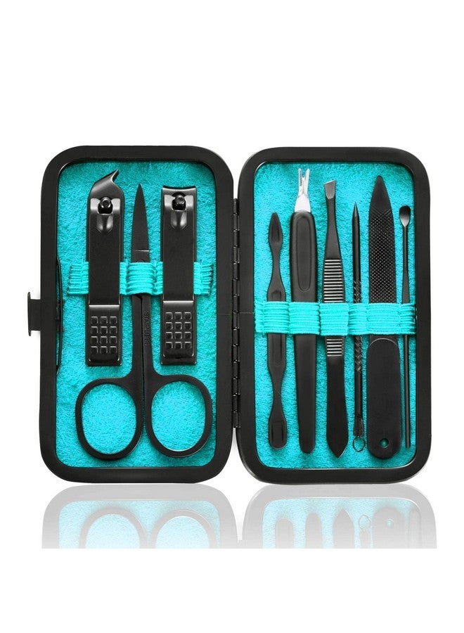 HANTEKAS Manicure Set 9 in 1 Stainless Steel, Nail Clippers Scissors Pedicure Tools Kit - Portable Travel Grooming Kit for Men and Women with Black/Blue Leather Case (Blue) - Image 1