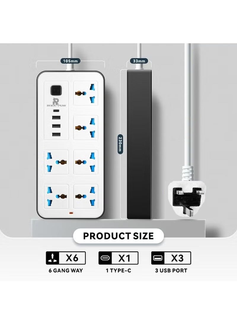 Rock Pow 10 Meters Universal Extension Cord Protector Power Strip with 6 Outlets, 3 USB-A Ports, 1 USB-C Port, Flat Plug, Wall Mountable, Desk USB Charging Station, Ideal for All Electronic Devices, White, 230x105x33mm - Image 2