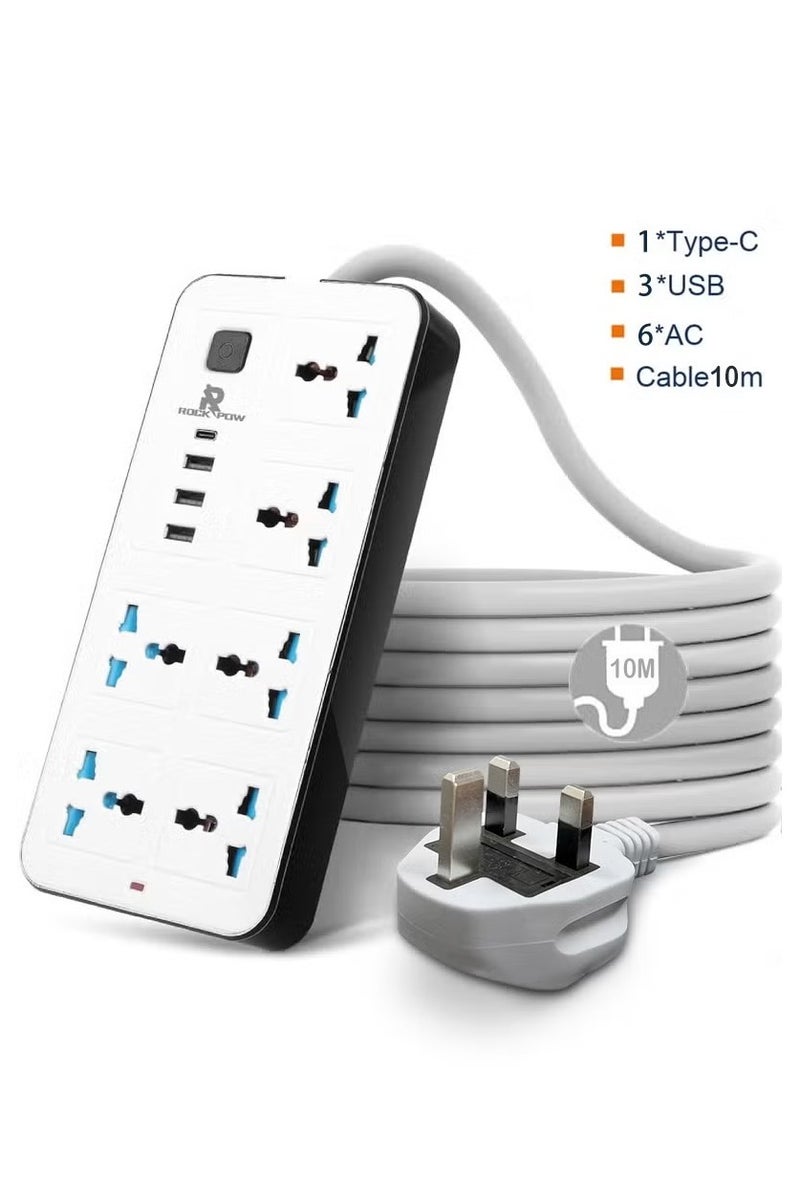 Rock Pow 10 Meters Universal Extension Cord Protector Power Strip with 6 Outlets, 3 USB-A Ports, 1 USB-C Port, Flat Plug, Wall Mountable, Desk USB Charging Station, Ideal for All Electronic Devices, White, 230x105x33mm - Image 1