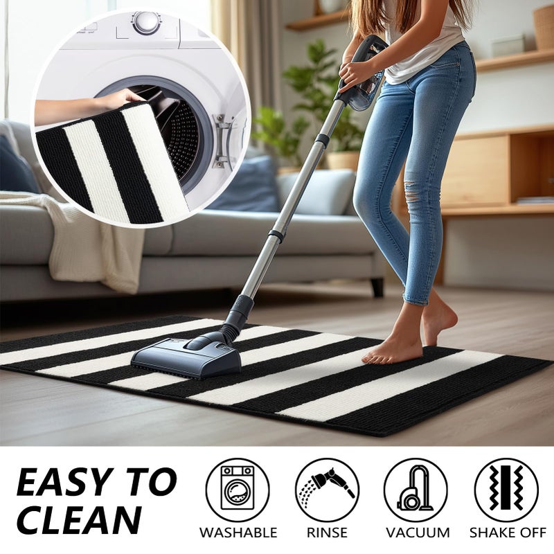 Timo Black and White Striped Outdoor Rug  24""x36"" Non Slip Absorbent Layered Doormat  Washable Resist Dirt Indoor Outdoor Rugs  Fall Front Door Mat for Kitchen Entryway Patio Farmhouse Porch Decor - Image 5