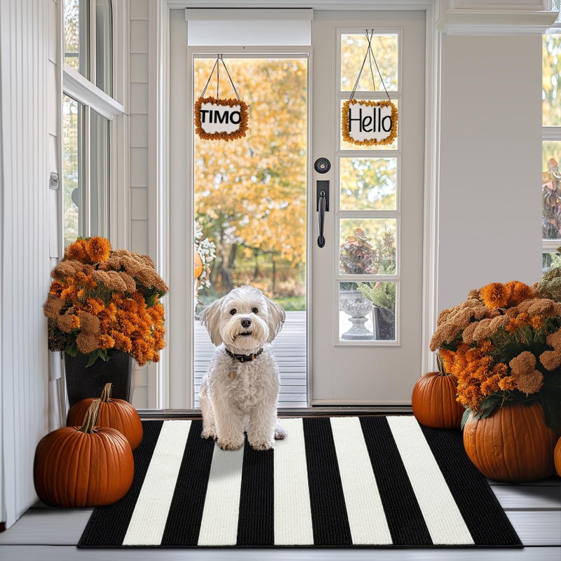 Timo Black and White Striped Outdoor Rug  24""x36"" Non Slip Absorbent Layered Doormat  Washable Resist Dirt Indoor Outdoor Rugs  Fall Front Door Mat for Kitchen Entryway Patio Farmhouse Porch Decor - Image 2
