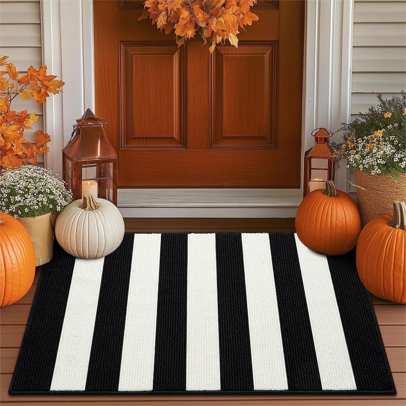 Timo Black and White Striped Outdoor Rug  24""x36"" Non Slip Absorbent Layered Doormat  Washable Resist Dirt Indoor Outdoor Rugs  Fall Front Door Mat for Kitchen Entryway Patio Farmhouse Porch Decor - Image 1
