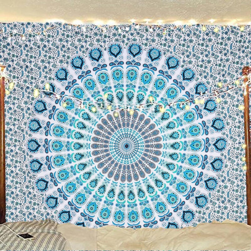 Bless International Indian hippie Bohemian Psychedelic Peacock Mandala Wall hanging Bedding Tapestry (Peacock Sky Blue, King (88x104Inches)(225x265Cms)) - Image 2