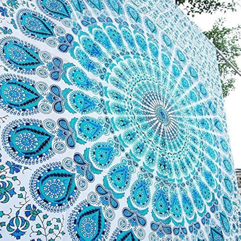 Bless International Indian hippie Bohemian Psychedelic Peacock Mandala Wall hanging Bedding Tapestry (Peacock Sky Blue, King (88x104Inches)(225x265Cms)) - Image 1