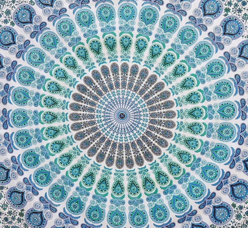 Bless International Indian hippie Bohemian Psychedelic Peacock Mandala Wall hanging Bedding Tapestry (Peacock Sky Blue, King (88x104Inches)(225x265Cms)) - Image 3