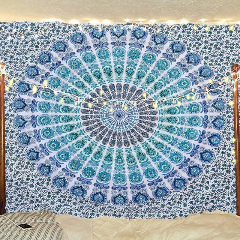 Bless International Indian hippie Bohemian Psychedelic Peacock Mandala Wall hanging Bedding Tapestry (Peacock Sky Blue, King (88x104Inches)(225x265Cms)) - Image 5