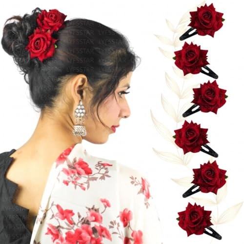 LYF5STAR Handmade Artificial Red Rose Flower Tiktok Hairpin, Stylish and Elegant Hair Accessories, Wedding Red Rose Flower Hair Pin - Set of 6 Hairpins - Image 2
