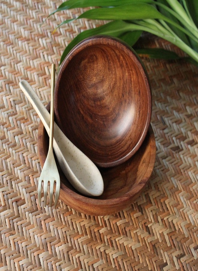Courtyard Wood | Hand Cast Ceramic | Cast Brass Agaja Noodle & Soup Bowl Set with Soup Spoon & Fork|Brown, Off White & Gold|200 G| - Image 3