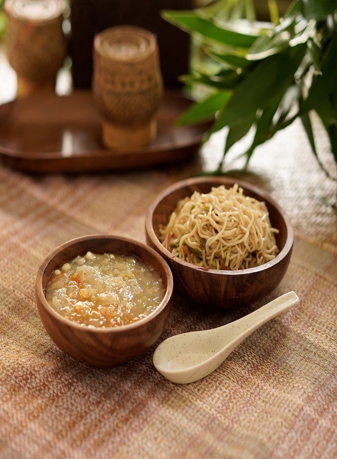 Courtyard Wood | Hand Cast Ceramic | Cast Brass Agaja Noodle & Soup Bowl Set with Soup Spoon & Fork|Brown, Off White & Gold|200 G| - Image 2