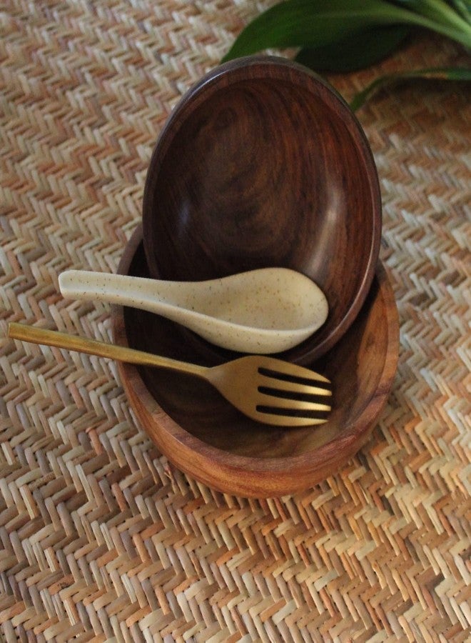 Courtyard Wood | Hand Cast Ceramic | Cast Brass Agaja Noodle & Soup Bowl Set with Soup Spoon & Fork|Brown, Off White & Gold|200 G| - Image 4