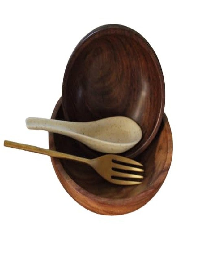 Courtyard Wood | Hand Cast Ceramic | Cast Brass Agaja Noodle & Soup Bowl Set with Soup Spoon & Fork|Brown, Off White & Gold|200 G| - Image 1