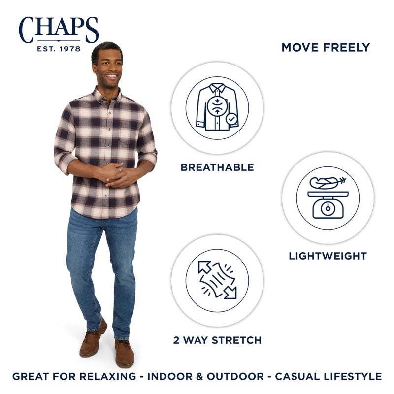 Chaps Men's Classic Fit Long Sleeve Button Down Stretch Flannel Casual Woven Shirt, Desert Khaki, Large - Image 3