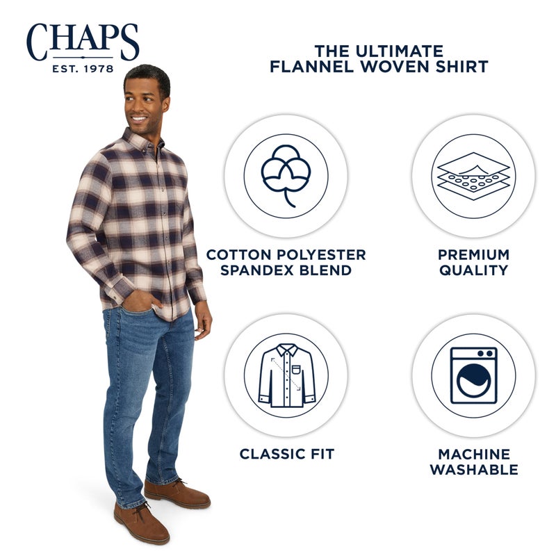 Chaps Men's Classic Fit Long Sleeve Button Down Stretch Flannel Casual Woven Shirt, Desert Khaki, Large - Image 4