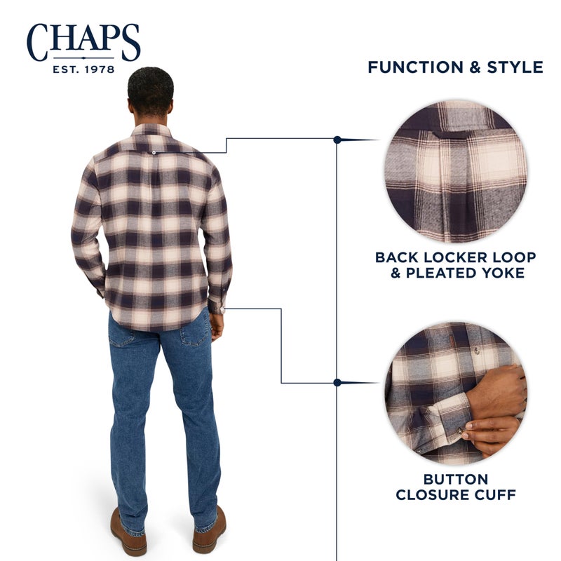 Chaps Men's Classic Fit Long Sleeve Button Down Stretch Flannel Casual Woven Shirt, Desert Khaki, Large - Image 5