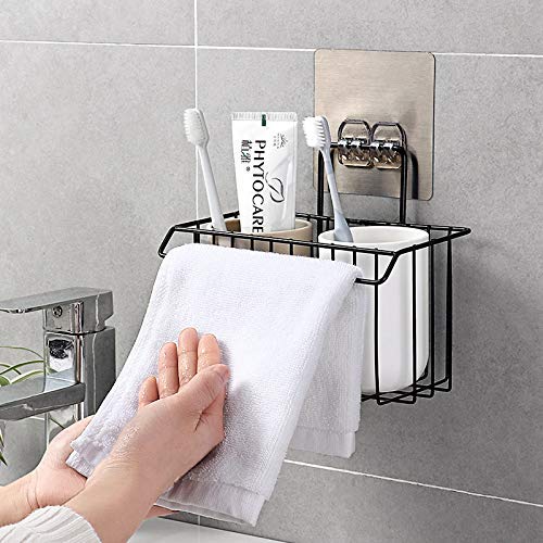 myzon Stainless Steel Wall Hanging Bathroom Shower Caddy Basket Shelf for Bathroom Sink Sponge Holder, Shampoo, Conditioner, Liquid and Toothbrush Holder with Kitchen Towel Rack Stand- Black - Image 1