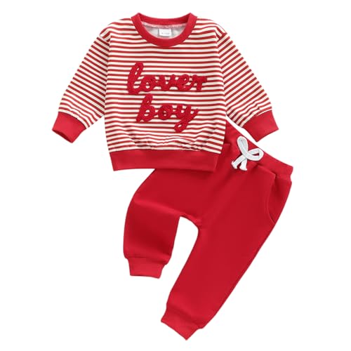 Socutebabe Baby Boy Valentines Day Outfit Winter Clothes Little Love Long Sleeve Sweatshirts Pants Toddler Infant Clothing (Red, 3-6 Months) - Image 2