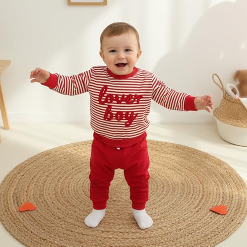 Socutebabe Baby Boy Valentines Day Outfit Winter Clothes Little Love Long Sleeve Sweatshirts Pants Toddler Infant Clothing (Red, 3-6 Months) - Image 5