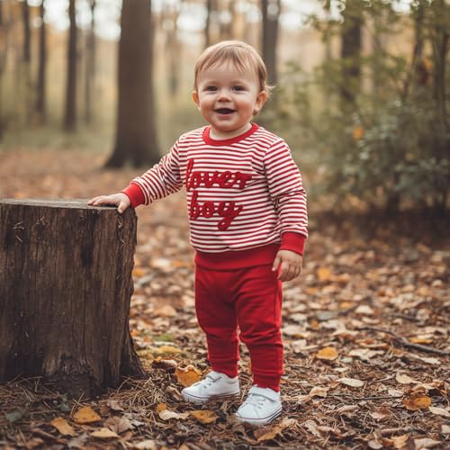 Socutebabe Baby Boy Valentines Day Outfit Winter Clothes Little Love Long Sleeve Sweatshirts Pants Toddler Infant Clothing (Red, 3-6 Months) - Image 4