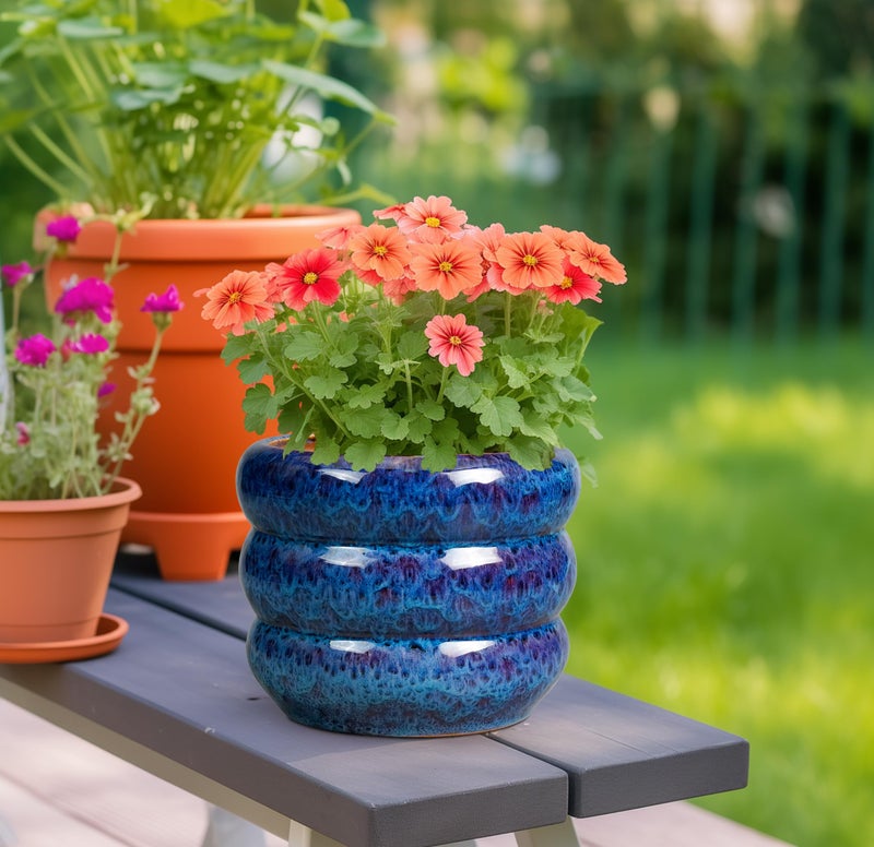 SQOWL Ceramic Planter Pot - 8 Inch Plant Pot Indoor with Drainage Hole Round Outdoor Pot for Plants Decorative Flower Pots Round Planter for Home Room Decor Blue - Image 2