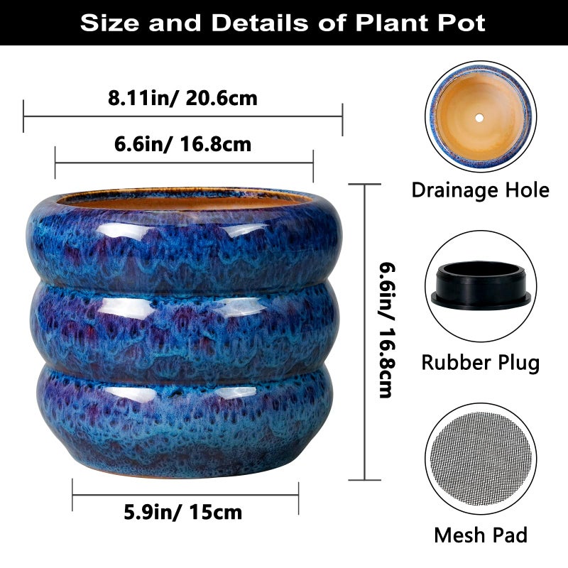 SQOWL Ceramic Planter Pot - 8 Inch Plant Pot Indoor with Drainage Hole Round Outdoor Pot for Plants Decorative Flower Pots Round Planter for Home Room Decor Blue - Image 3