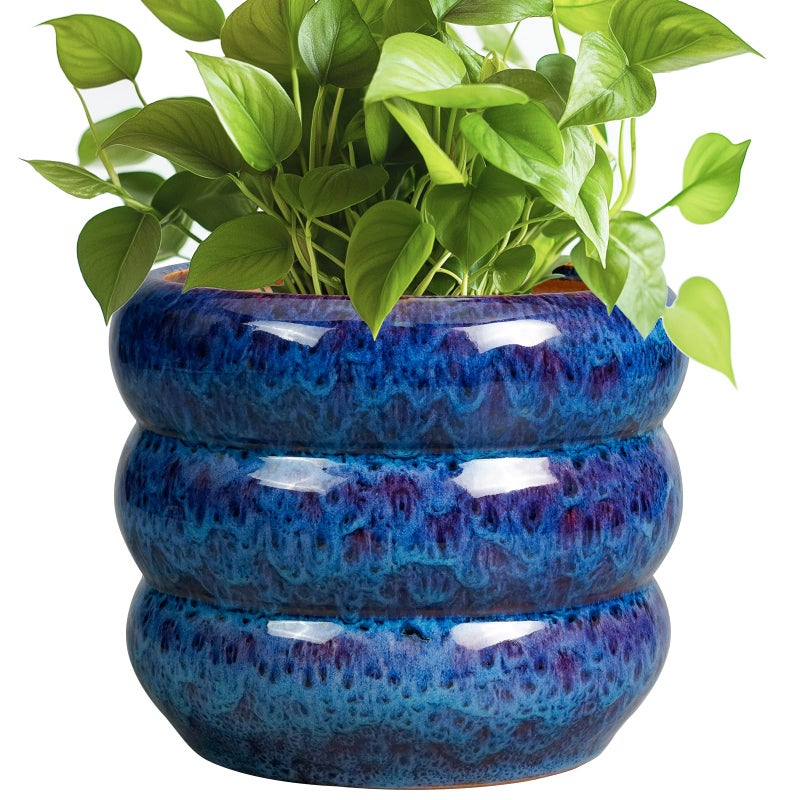 SQOWL Ceramic Planter Pot - 8 Inch Plant Pot Indoor with Drainage Hole Round Outdoor Pot for Plants Decorative Flower Pots Round Planter for Home Room Decor Blue - Image 1