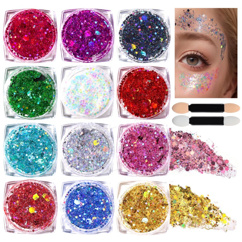 Teenitor Body Glitter Face Glitter Makeup Festival Glitter, 12 Colors Face and Body Glitter Gel, Hair Glitter Gel, Body Makeup - Image 1