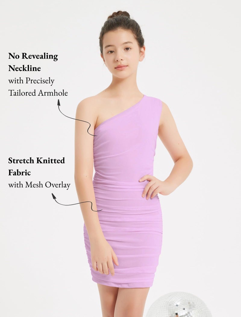 EXARUS Girls Formal Party Dress School Dance Teen Tight Ruched Mesh One Shoulder Tween Short Fitted Cute Dresses Purple 10 Years - Image 4
