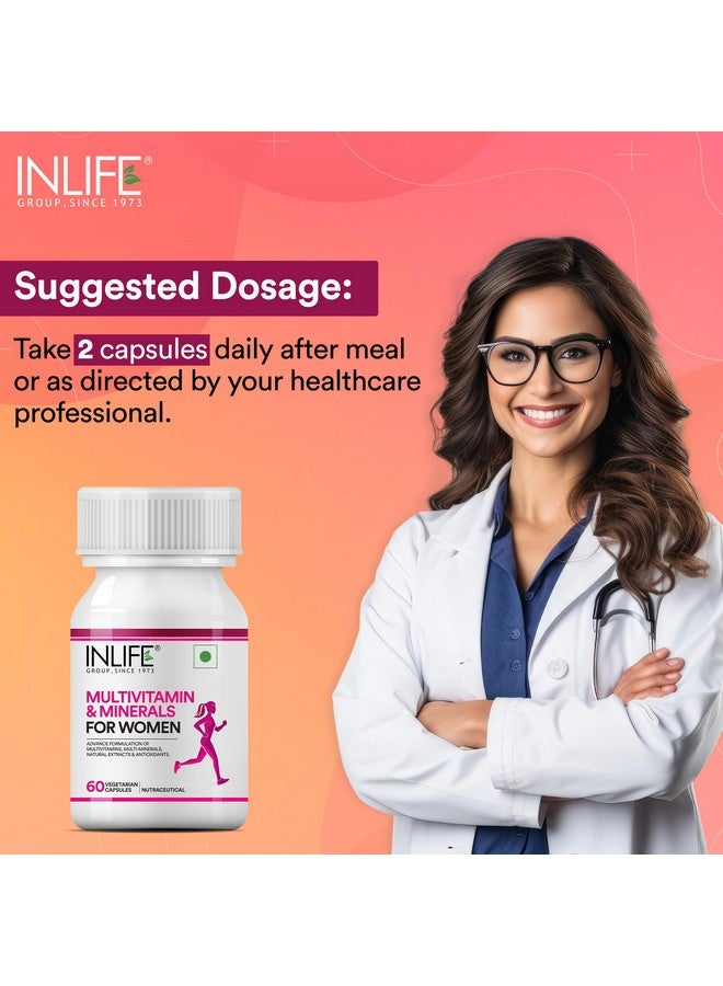 INLIFE متعدد الفيتامينات للنساء مع البيوتين، فيتامين د، الكالسيوم، والمعادن للطاقة، الشعر، البشرة، الأظافر، والعظام - 60 كبسولة نباتية (للنساء) - Image 3