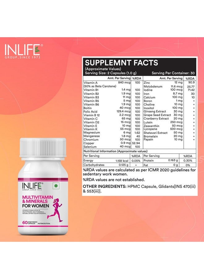 INLIFE متعدد الفيتامينات للنساء مع البيوتين، فيتامين د، الكالسيوم، والمعادن للطاقة، الشعر، البشرة، الأظافر، والعظام - 60 كبسولة نباتية (للنساء) - Image 2
