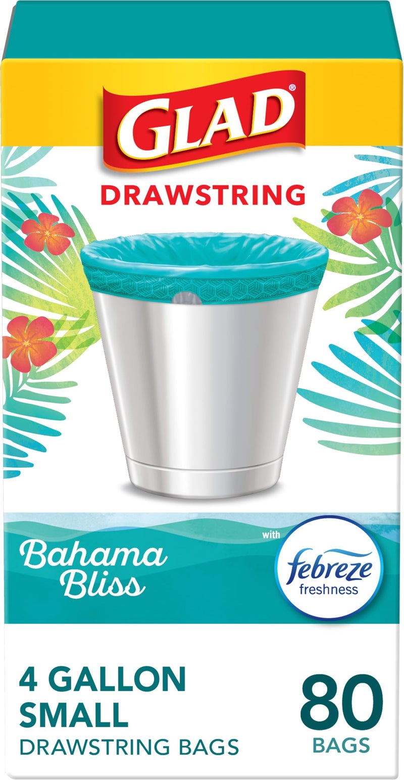 Glad Small Trash Bags 4 Gallon, Febreze Bahama Bliss Garbage Bags, Odor Resistant with Drawstring, 80 Count - Image 1