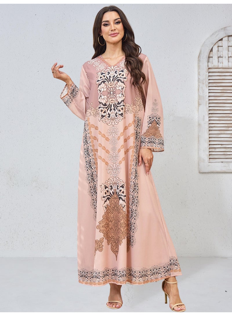 Kaiyuede Dubai Dusty Pink Gradient Vintage Baroque Print Abaya | V-Neck Long Sleeve Opaque Lined Modest Dress for Eid & Daily Wear - Image 1