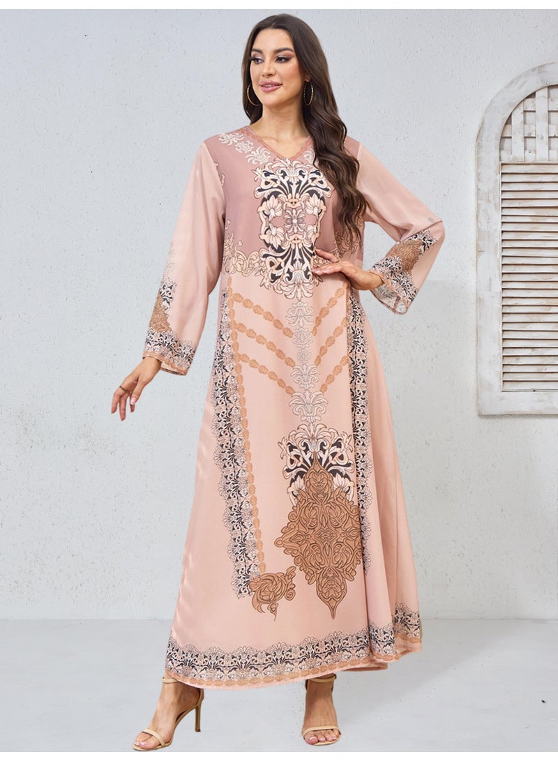 Kaiyuede Dubai Dusty Pink Gradient Vintage Baroque Print Abaya | V-Neck Long Sleeve Opaque Lined Modest Dress for Eid & Daily Wear - Image 2