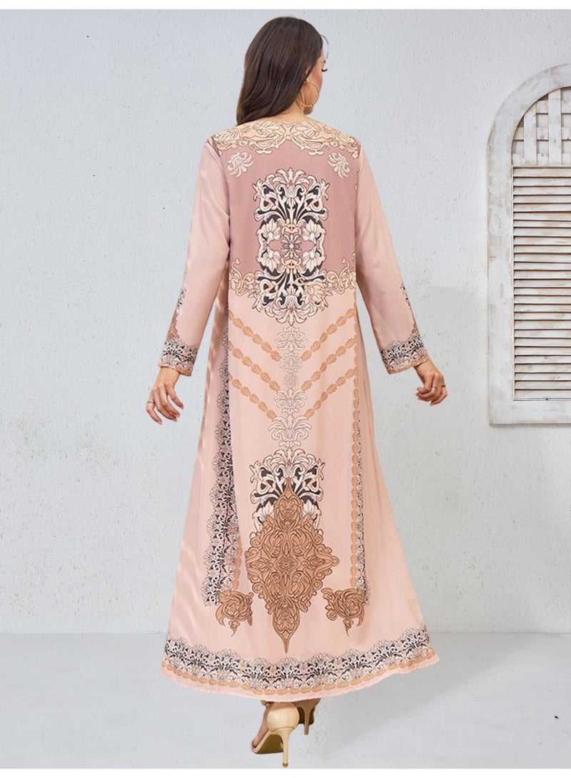 Kaiyuede Dubai Dusty Pink Gradient Vintage Baroque Print Abaya | V-Neck Long Sleeve Opaque Lined Modest Dress for Eid & Daily Wear - Image 3