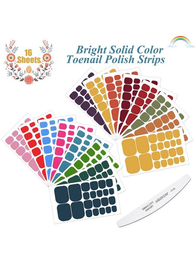 JERCLITY 352 Pieces 16 Sheets Solid Color Toenail Polish Strips Stickers Self Adhesive Bright Color Toenail Full Wraps Full Nail Stickers Nail Art Decal Strips With Nail File For Women Girls - Image 3