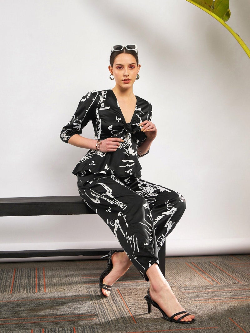PRASHA Women Black Satin Abstract Front Tie Top With Pants - Image 2