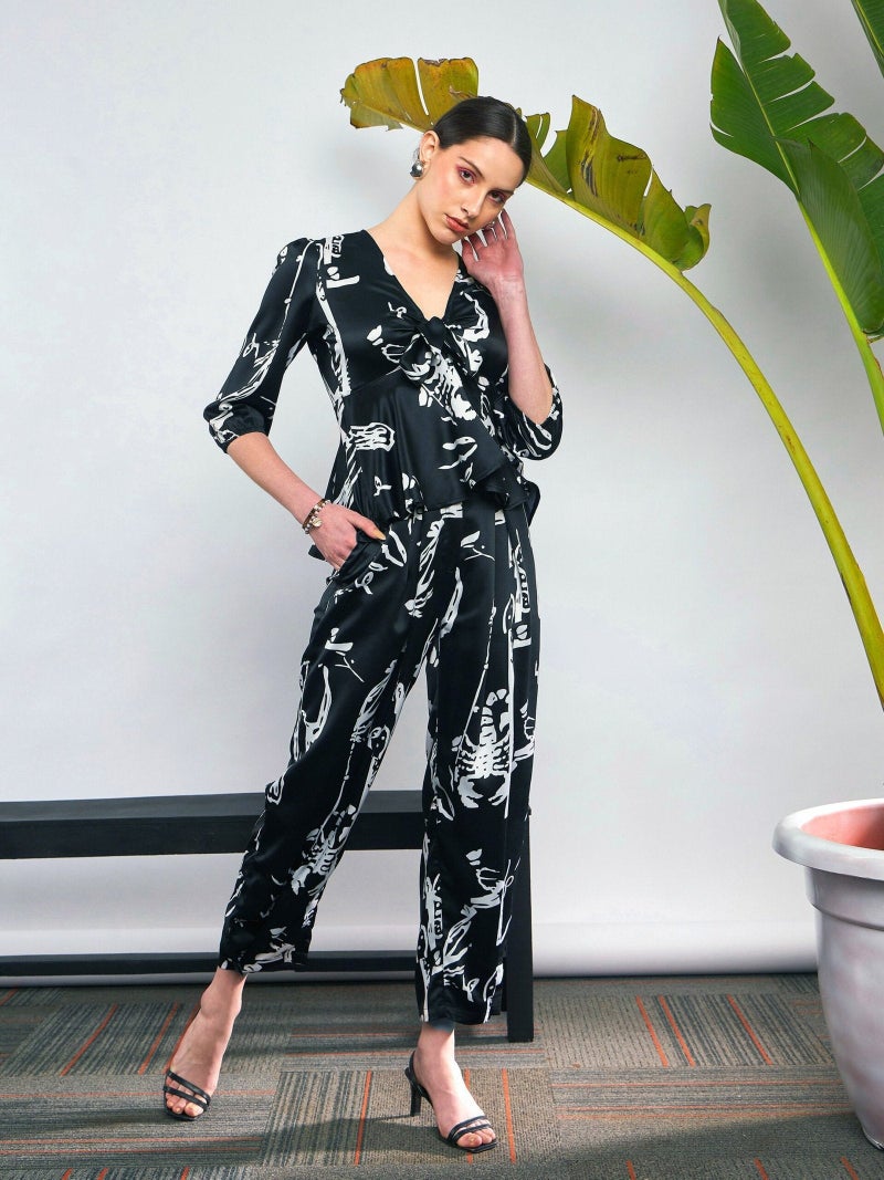 PRASHA Women Black Satin Abstract Front Tie Top With Pants - Image 1