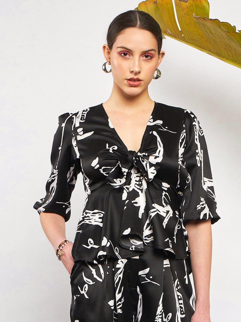 PRASHA Women Black Satin Abstract Front Tie Top With Pants - Image 3