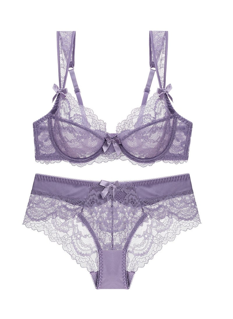 KUYING New Vine Jacquard Half Cup Lace Bra Small Chest Gathering Anti Drop Bra Set