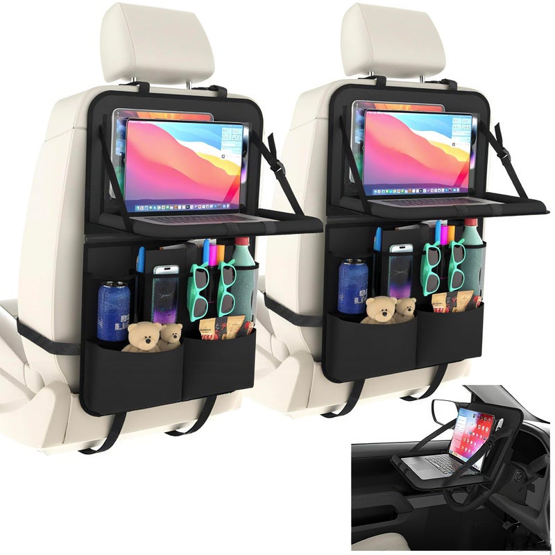 2 Pack Backseat Car Organizer with Tray 11 Pocket Car Storage with Tablet Holder  Detachable Top for Steering Wheel Road Trip Essentials Travel Protector Kick Mats for Kids