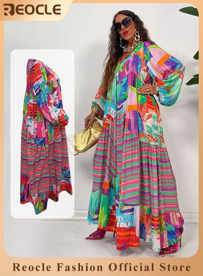 ريوكل فستان غير رسمي بأكمام طويلة بطبعة مخططة متعددة الألوان مع حافة فضفاضة وتصميم بفتحة رقبة على شكل حرف V لفستان صيفي فضفاض - Image 1