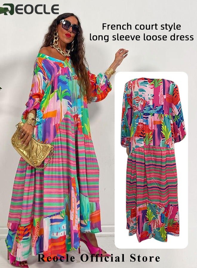 ريوكل فستان غير رسمي بأكمام طويلة بطبعة مخططة متعددة الألوان مع حافة فضفاضة وتصميم بفتحة رقبة على شكل حرف V لفستان صيفي فضفاض - Image 2