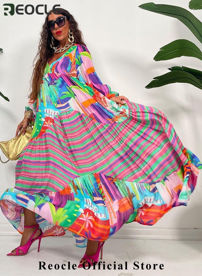 ريوكل فستان غير رسمي بأكمام طويلة بطبعة مخططة متعددة الألوان مع حافة فضفاضة وتصميم بفتحة رقبة على شكل حرف V لفستان صيفي فضفاض - Image 3