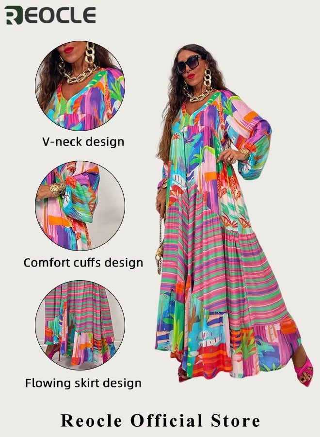 ريوكل فستان غير رسمي بأكمام طويلة بطبعة مخططة متعددة الألوان مع حافة فضفاضة وتصميم بفتحة رقبة على شكل حرف V لفستان صيفي فضفاض - Image 5