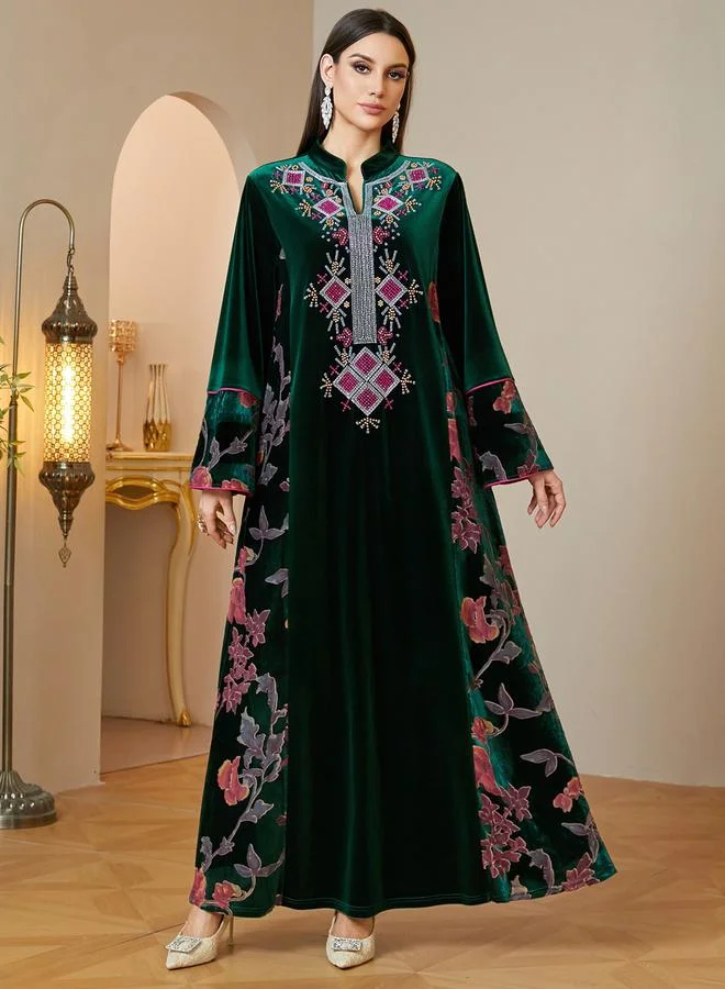Take Two Green Velvet Maxi Jalabiya with Embroidered Details