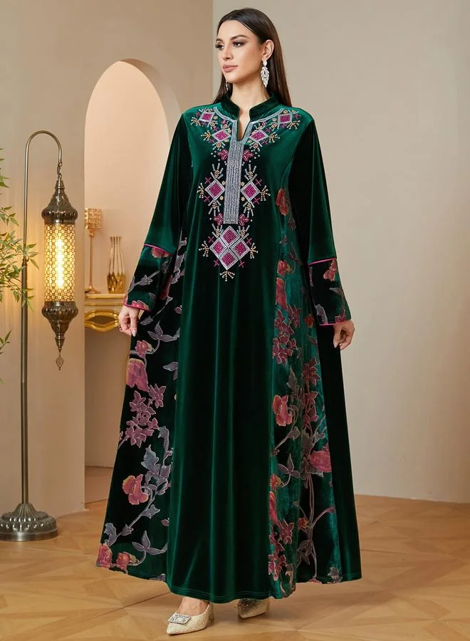Take Two Green Velvet Maxi Jalabiya with Embroidered Details