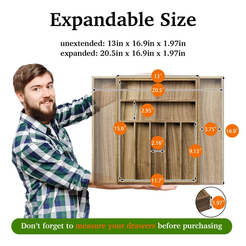 Kiasthome Acacia Wood Kitchen Silverware Drawer Organizer, Expandable Utensil Cutlery Drawer Organizer with Dividers, Flatware Organizer Silverware Tray for Spoon, Fork, 13''-20''x16.9'' (7-9 Slots) - Image 2
