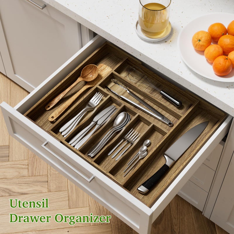 Kiasthome Acacia Wood Kitchen Silverware Drawer Organizer, Expandable Utensil Cutlery Drawer Organizer with Dividers, Flatware Organizer Silverware Tray for Spoon, Fork, 13''-20''x16.9'' (7-9 Slots) - Image 3