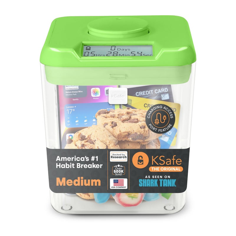Kitchen Safe Time Locking Container, Phone Jail, Medication Lock Box, Break Bad Habits, Quit Smoking, Stop Snacking, Gaming Addiction, Family Time (Medium, Green Lid + 5.5” Clear Base w/Access Port) - Image 1