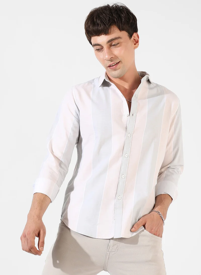 كامبوس سوترا Men's White And Blue Striped Button Up Spread Collar Shirt For Casual Wear | Regular Fit | Cotton Twill Shirt Crafted With Long Sleeve, Comfort Fit & High-Performance For Everyday Wear